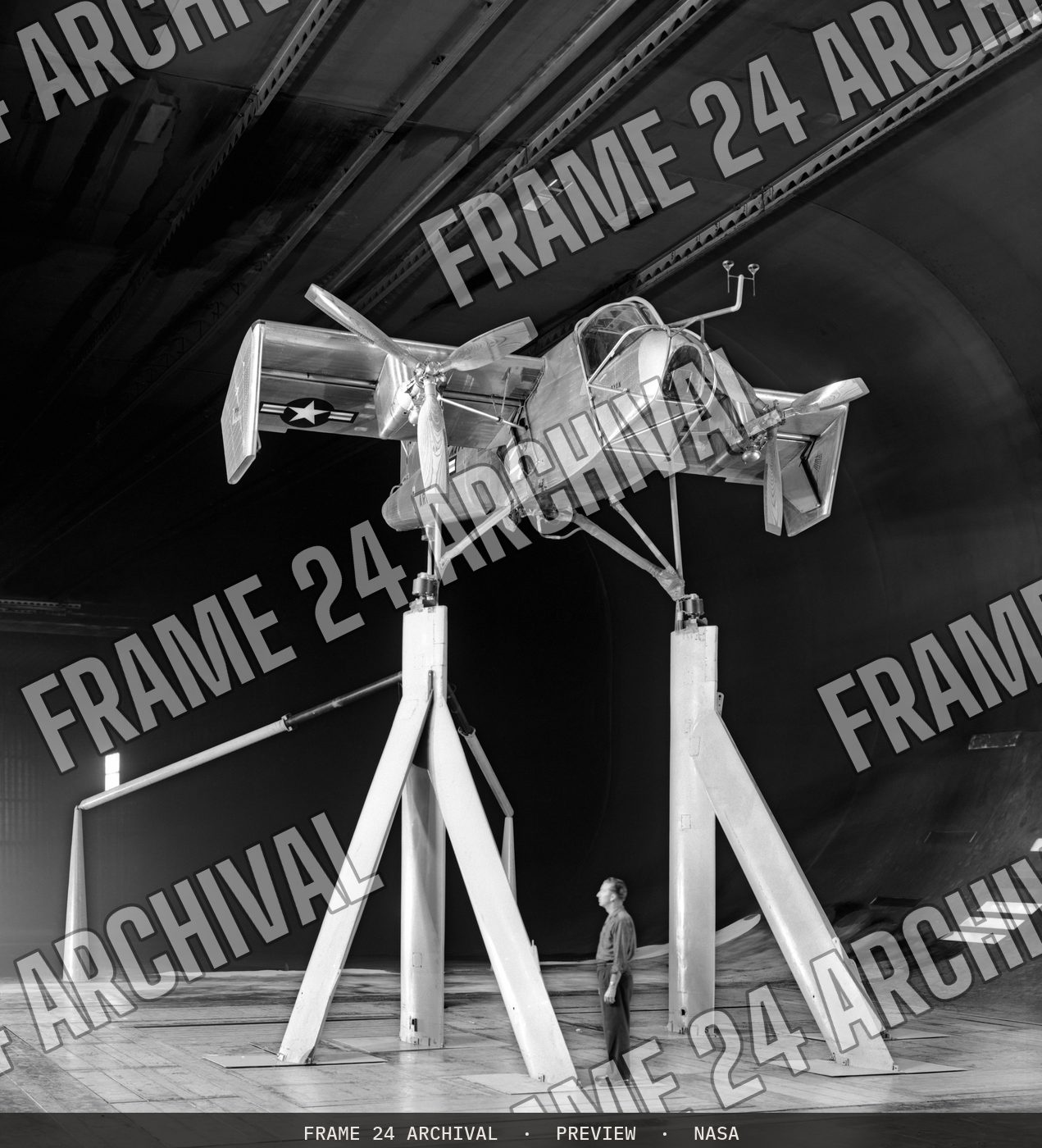 Ryan Deflected Slipstream VTOL/STOL in 40x80 Foot Wind Tunnel (1958), restored vintage black and white photograph