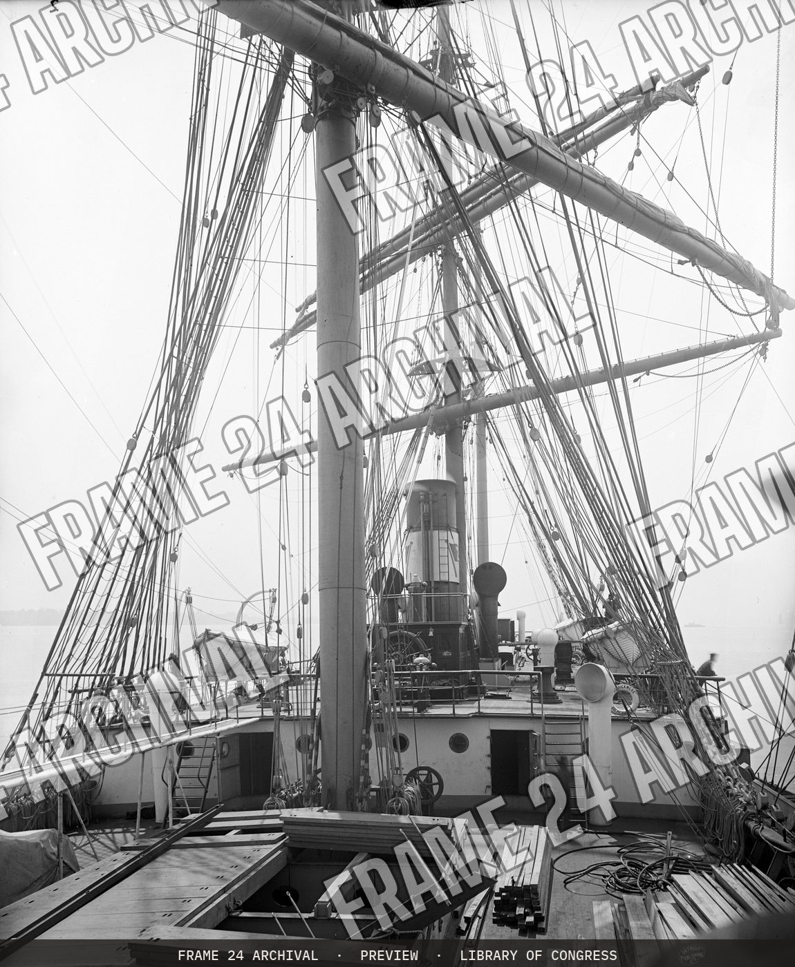 Sailing ship R.C. Rickmers, deck view, looking aft (1905), restored vintage black and white photograph