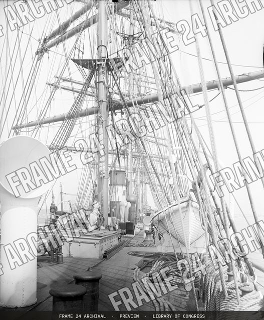 Sailing ship R.C. Rickmers, deck view, looking forward, vintage black and white photograph