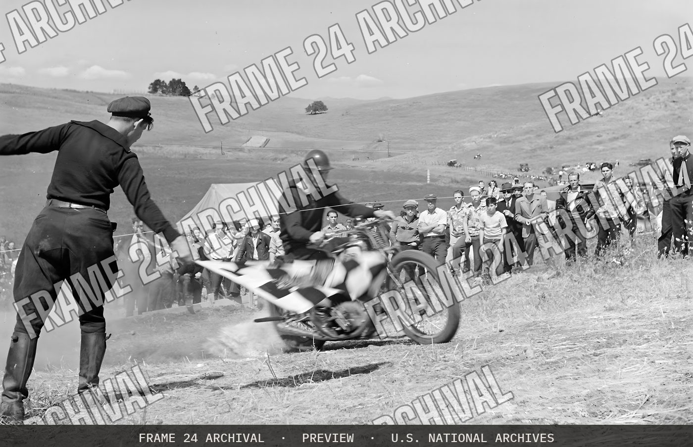 Santa Clara County, California. Motorcycle and Hill Climb Recreation. Breaking the starting tape (1940), restored vintage black and white photograph