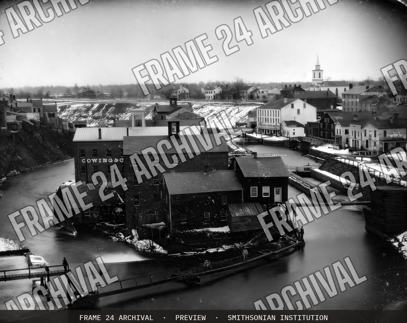 Seneca Falls, New York (downstream) (1850), restored vintage black and white photograph