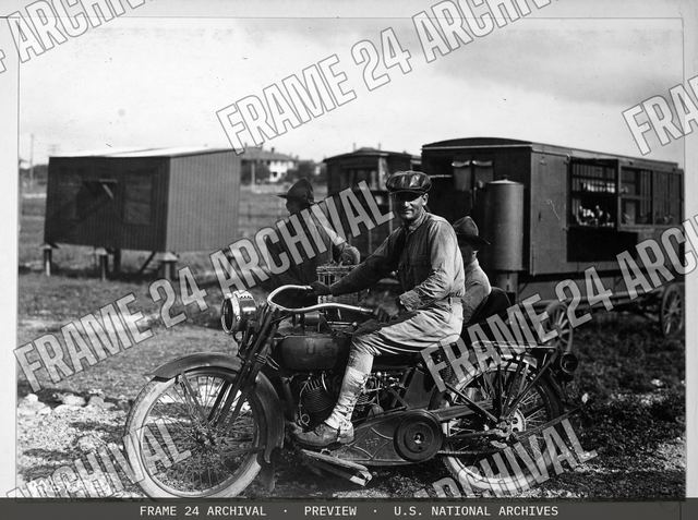 Signal Corps Apparatus. Motorcycle used to carry pigeon basket, vintage black and white photograph