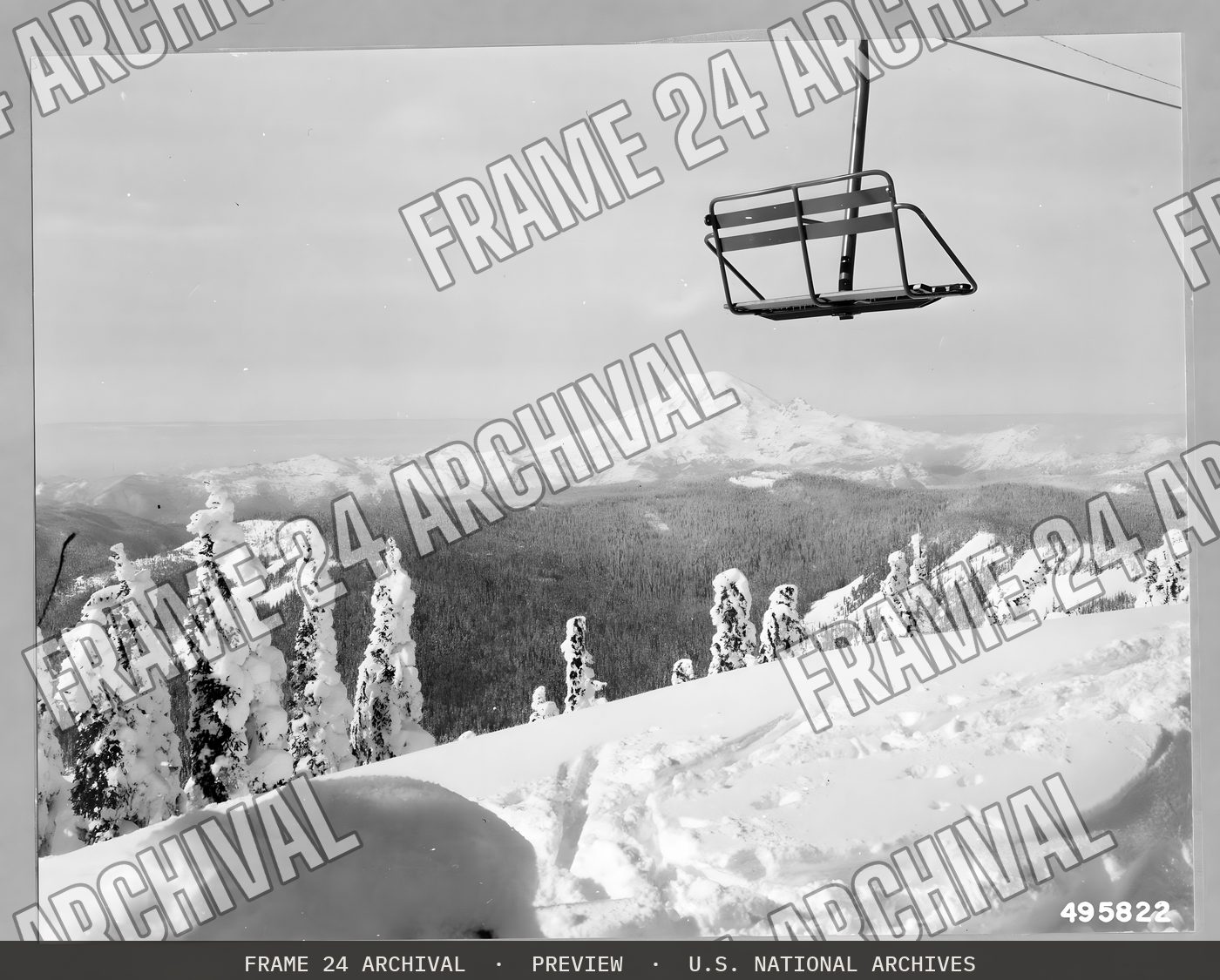 Skiing: Lifts, restored vintage black and white photograph
