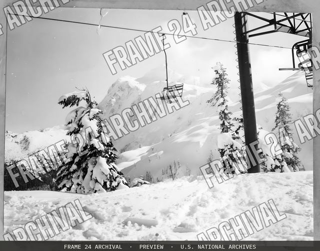 Skiing: Lifts, vintage black and white photograph