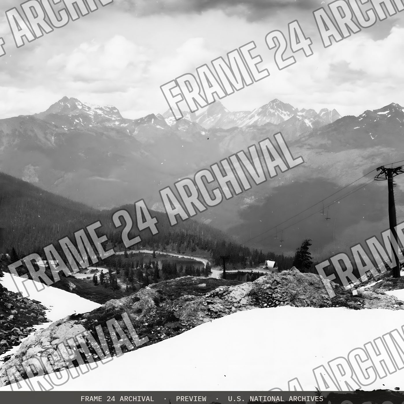 Skiing: Lifts, restored vintage black and white photograph