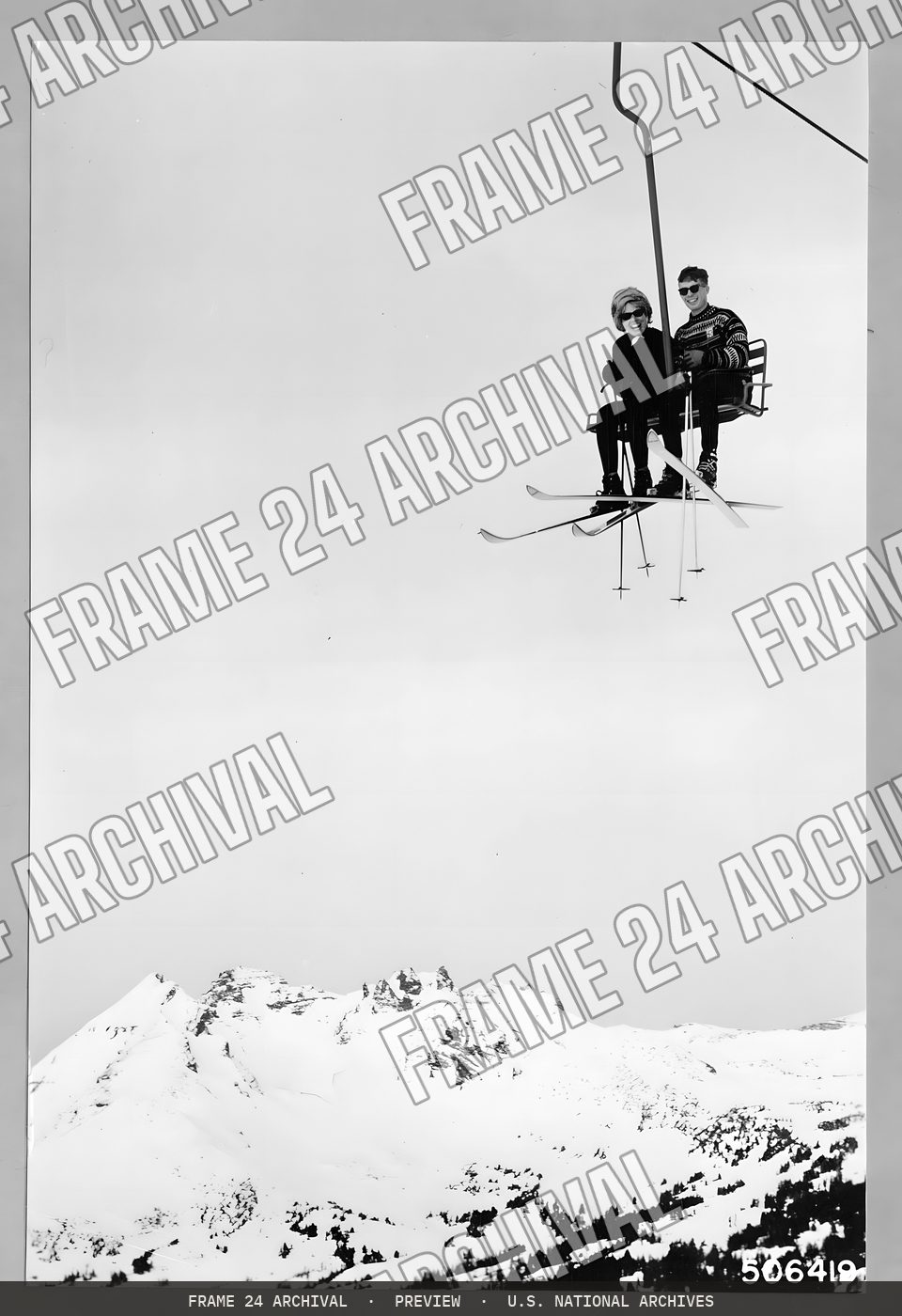 Skiing: Lifts, restored vintage black and white photograph