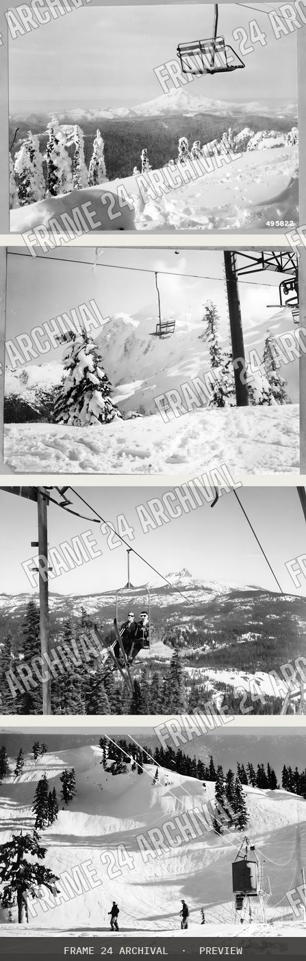 Skiing Lifts, restored vintage black and white photograph