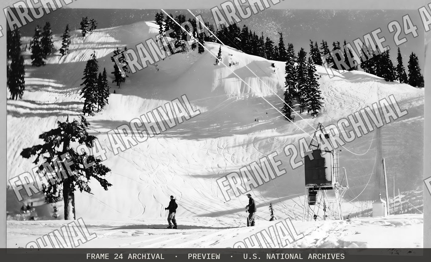 Skiing: Lifts, restored vintage black and white photograph