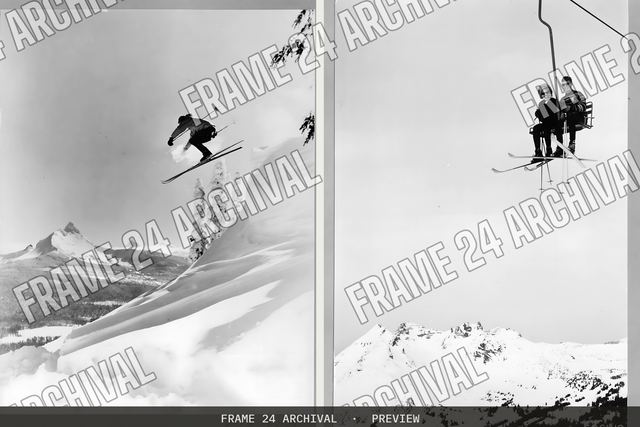 Skiing, vintage black and white photograph
