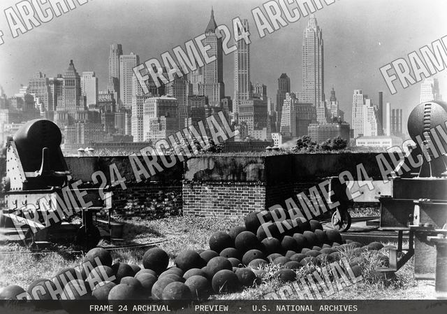 Skyline of New York City, from Governor's Island, New York, vintage black and white photograph