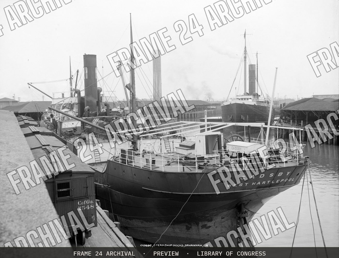 Steamship docks, Savannah, Ga (1900), restored vintage black and white photograph