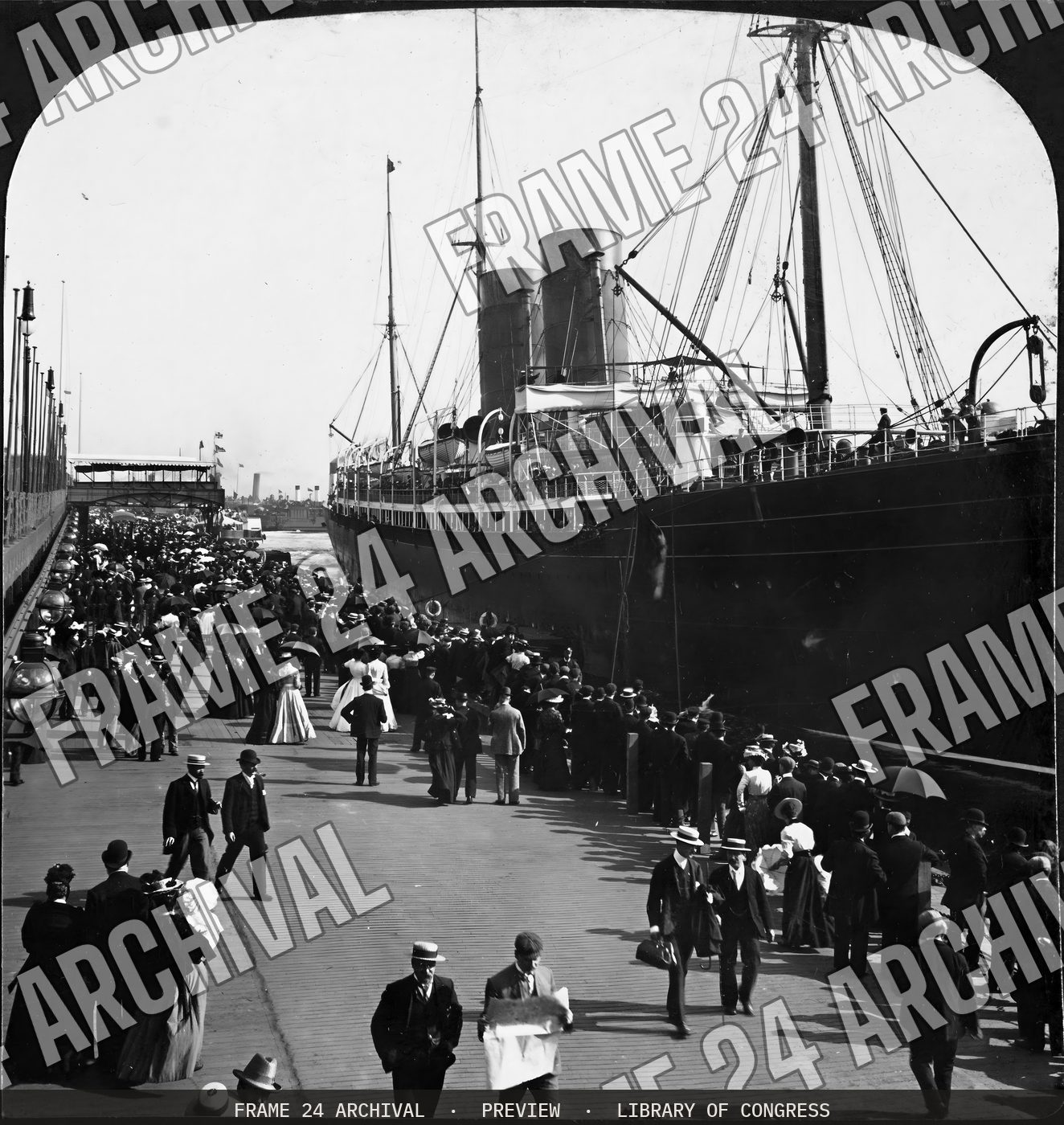 The ocean steamship landing-stage, Liverpool, England (1902), restored vintage black and white photograph
