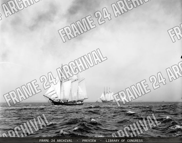 Three three-masted ships, vintage black and white photograph