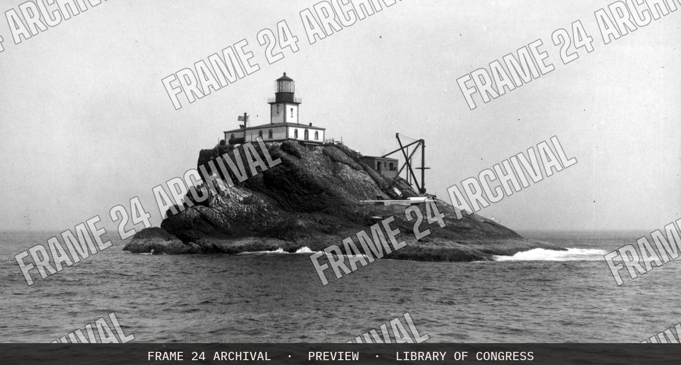 Tillamook Rock and lighthouse (1891), restored vintage black and white photograph