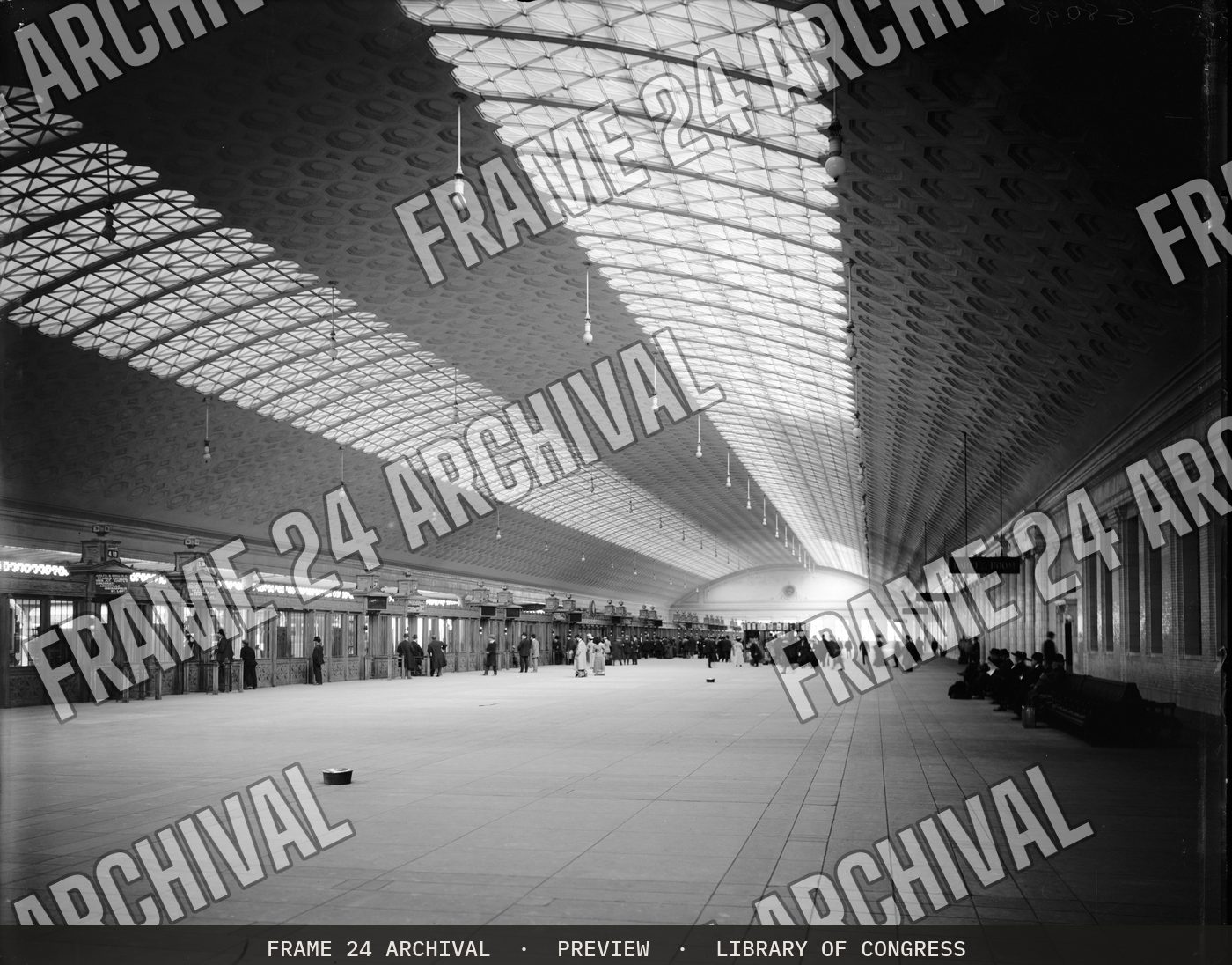 Train concourse, new Union Station, Washington, D.C (1905), restored vintage black and white photograph