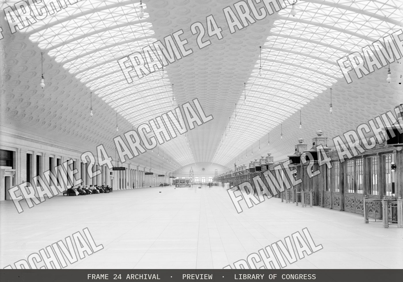 Train concourse, Union Station, Washington, D.C (1905), restored vintage black and white photograph