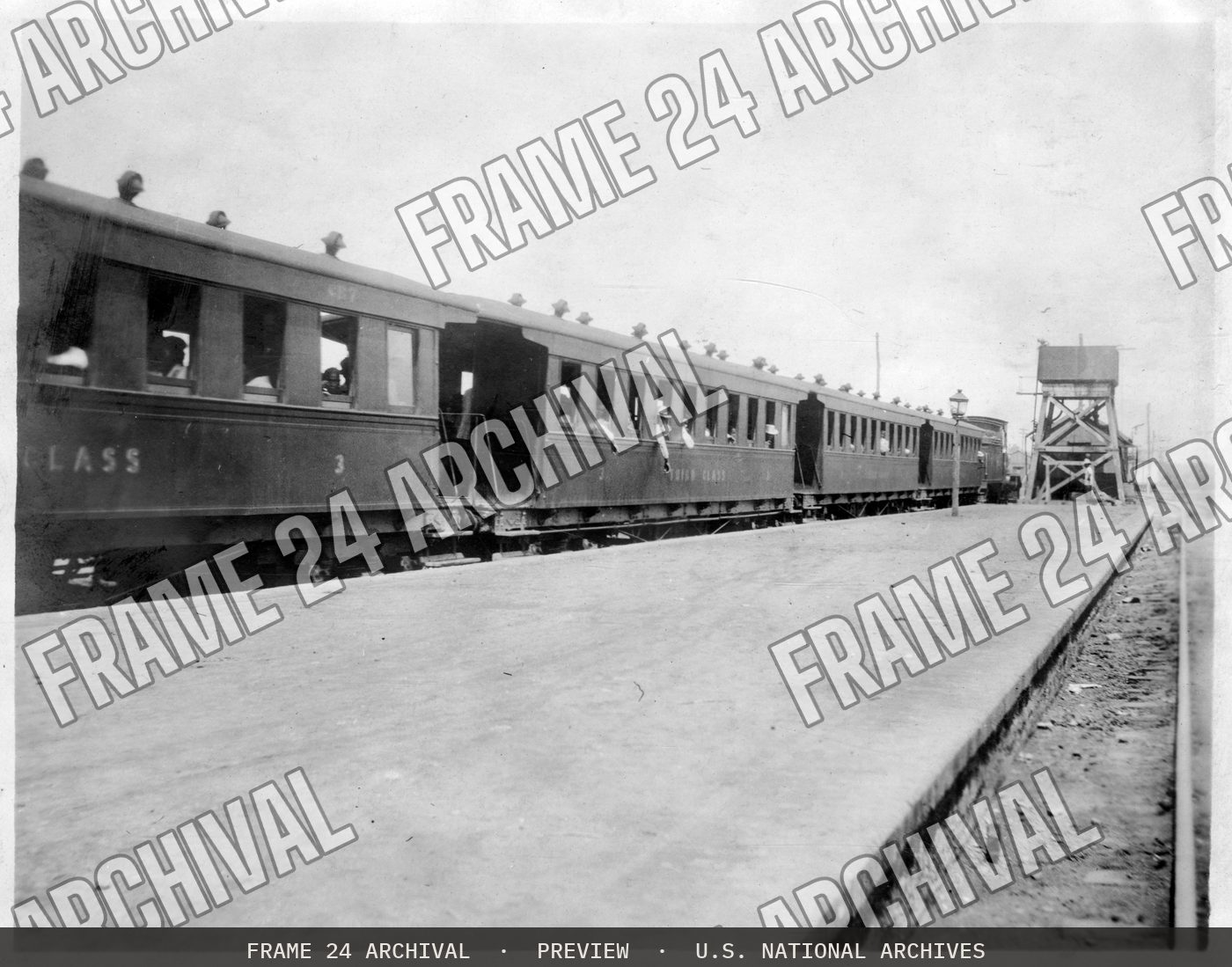 Train Number 7 Leaving the main Platform, Manila Station (1908), restored vintage black and white photograph