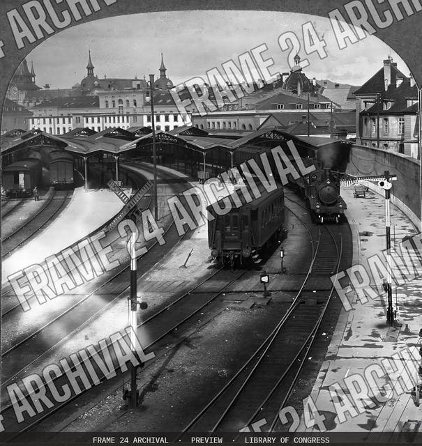 Train sheds, railway station, Berne, Switzerland, vintage black and white photograph