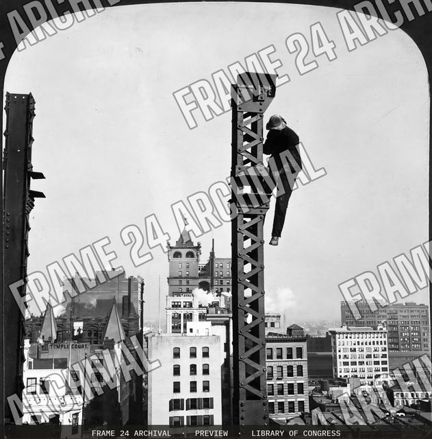 Two hundred feet in mid air and no time to look at scenery - at work on new skyscraper, New York, U.S.A, vintage black and white photograph