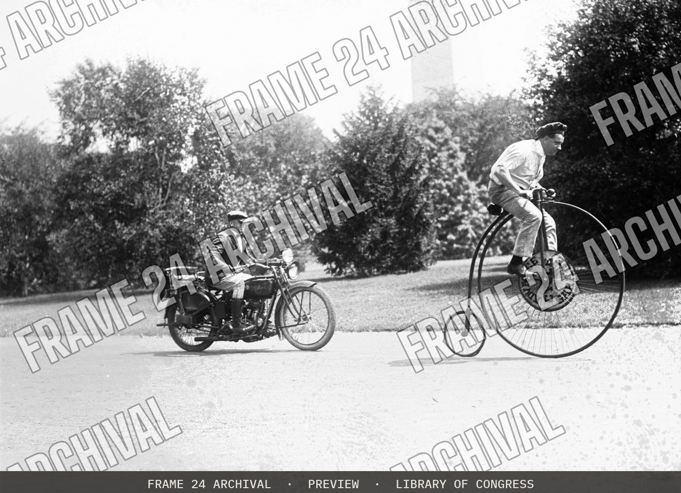 Velocipede and motorcycle (1921), restored vintage black and white photograph