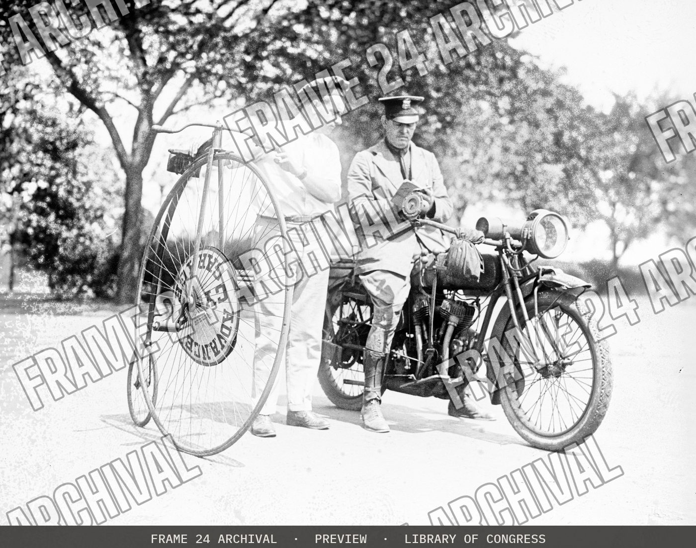 Velocipede and motorcycle (1921), restored vintage black and white photograph