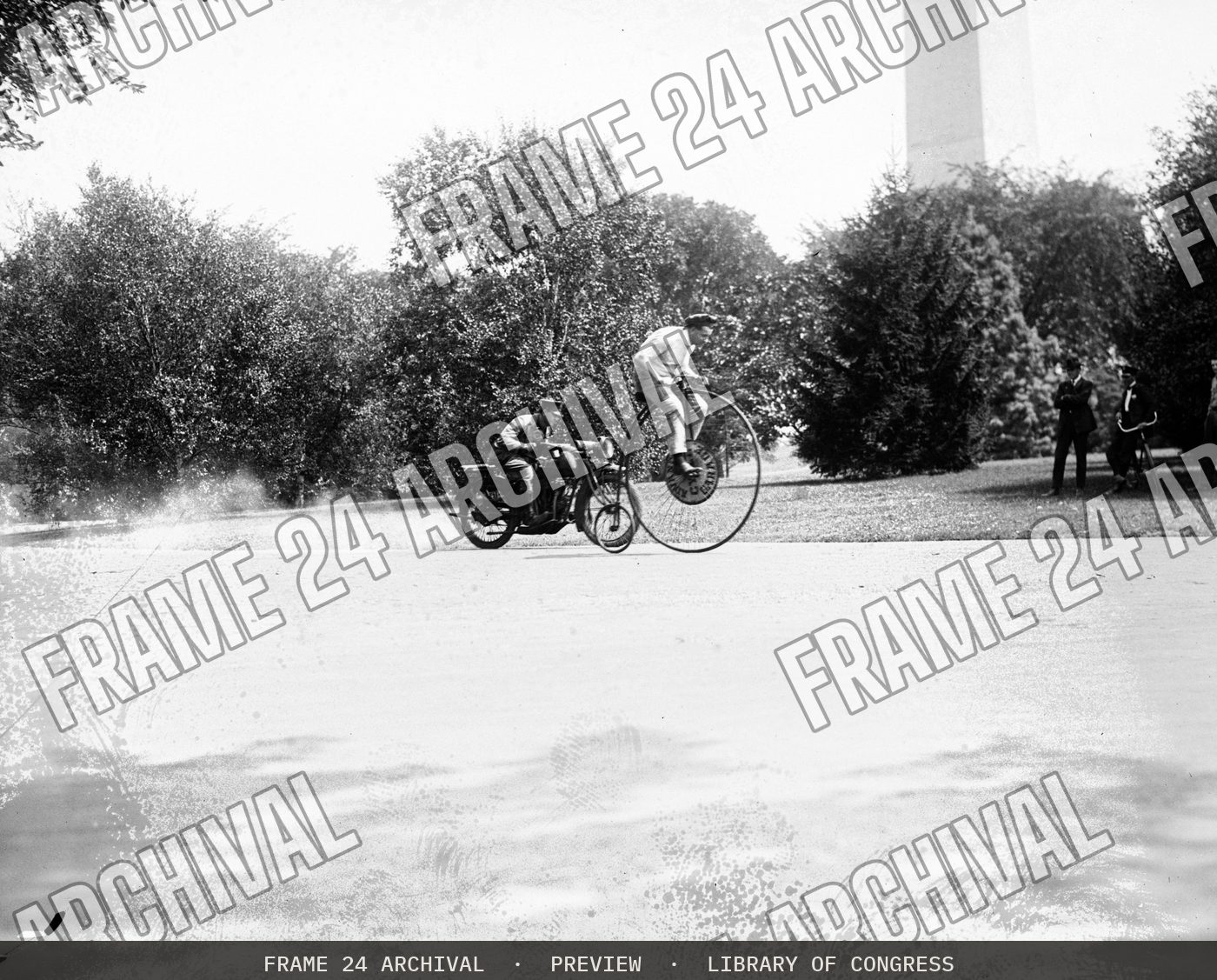 Velocipede and motorcycle, 8/23/21 (1921), restored vintage black and white photograph