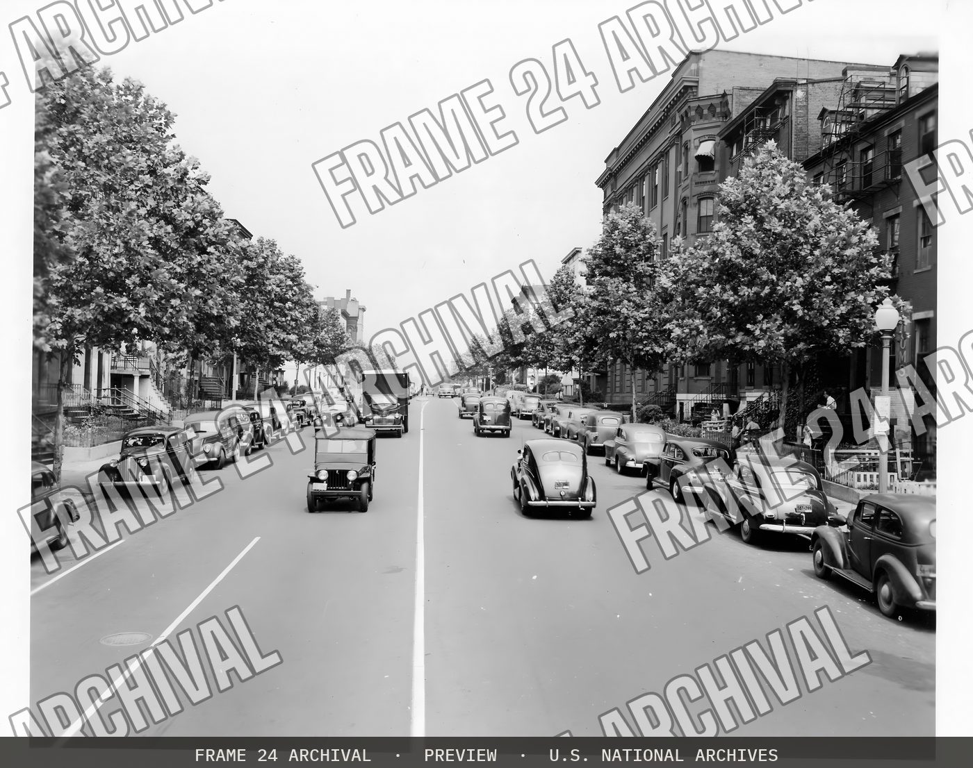 Widened city street, restored vintage black and white photograph