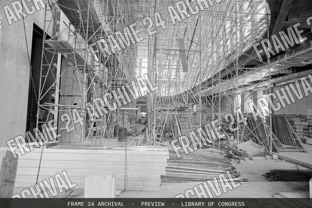 World Trade Center, New York City, lobby under construction, vintage black and white photograph